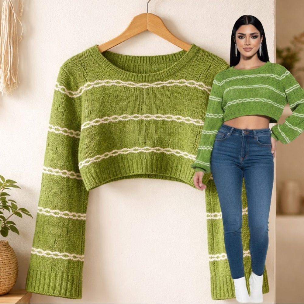 🛍️ ZARA green white cut out long sleeve embroidered cropped sweater size small